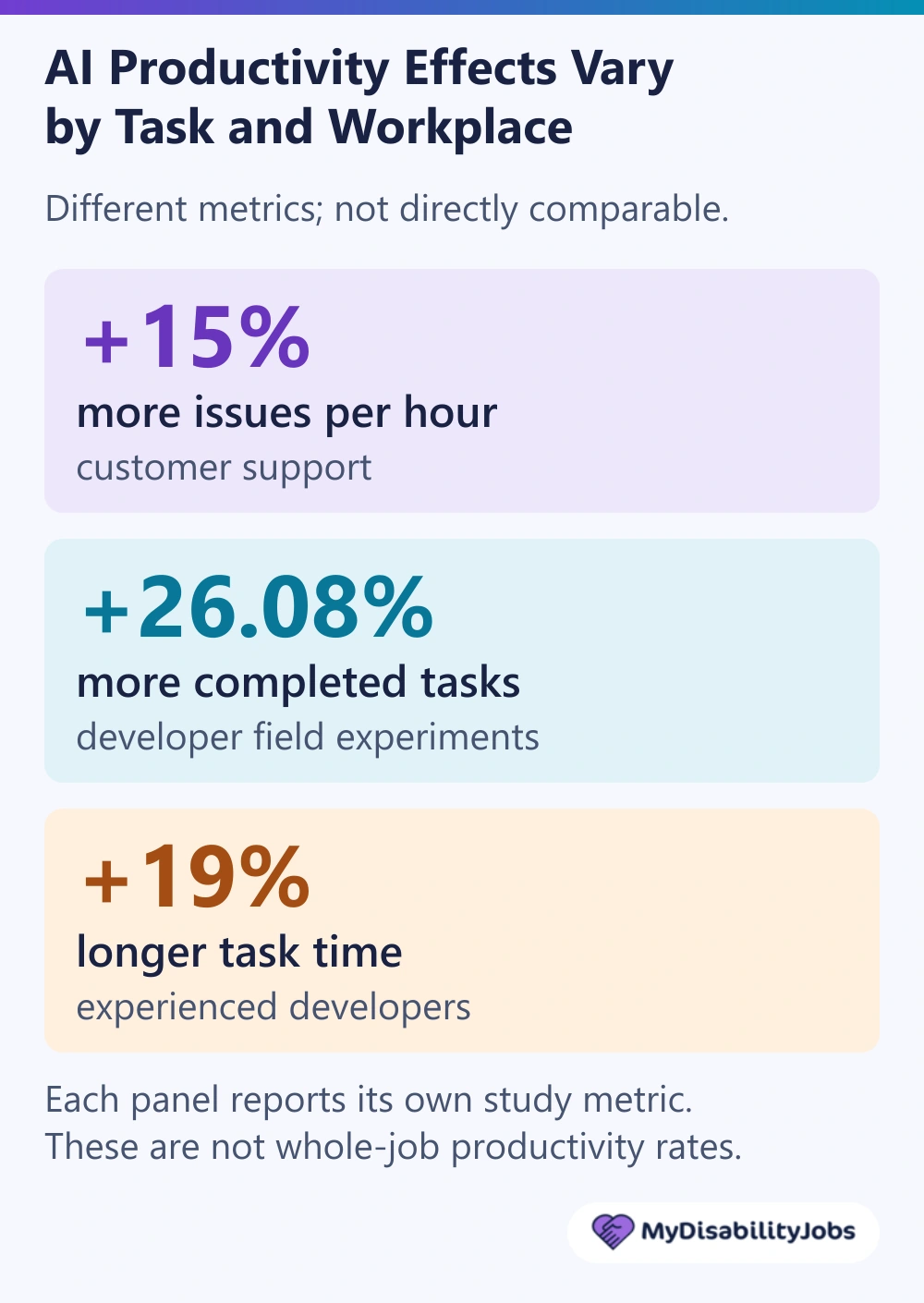 Comparison chart showing three different workplace AI productivity findings: 15% more issues per hour, 26.08% more completed tasks, and 19% longer task completion time