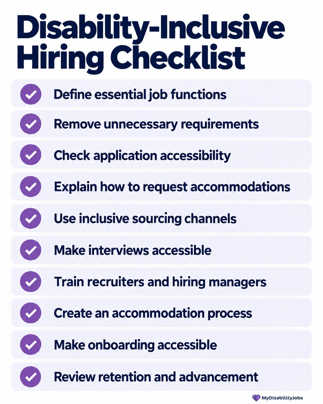 Checklist graphic summarizing disability-inclusive hiring best practices