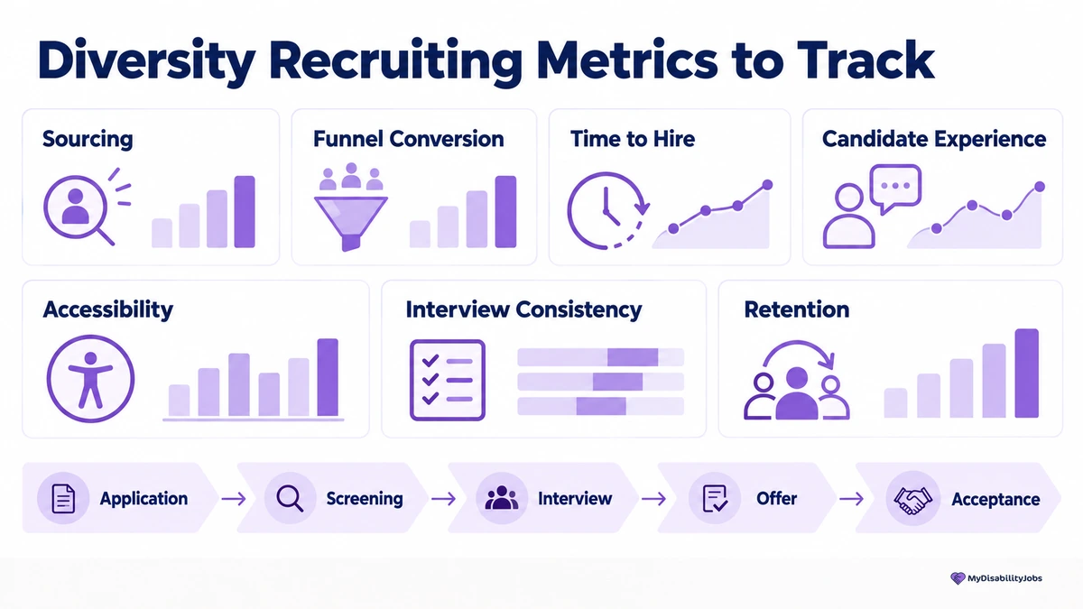 Dashboard-style graphic showing diversity recruiting metrics to track