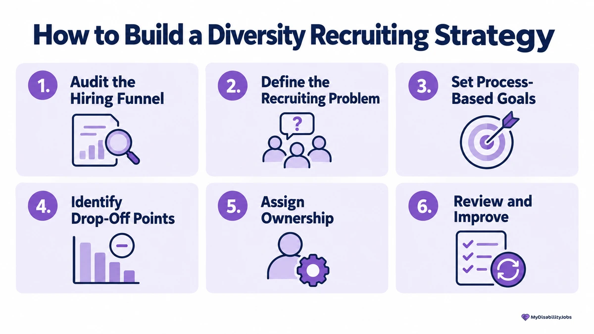 Infographic showing the main steps in a diversity recruiting strategy