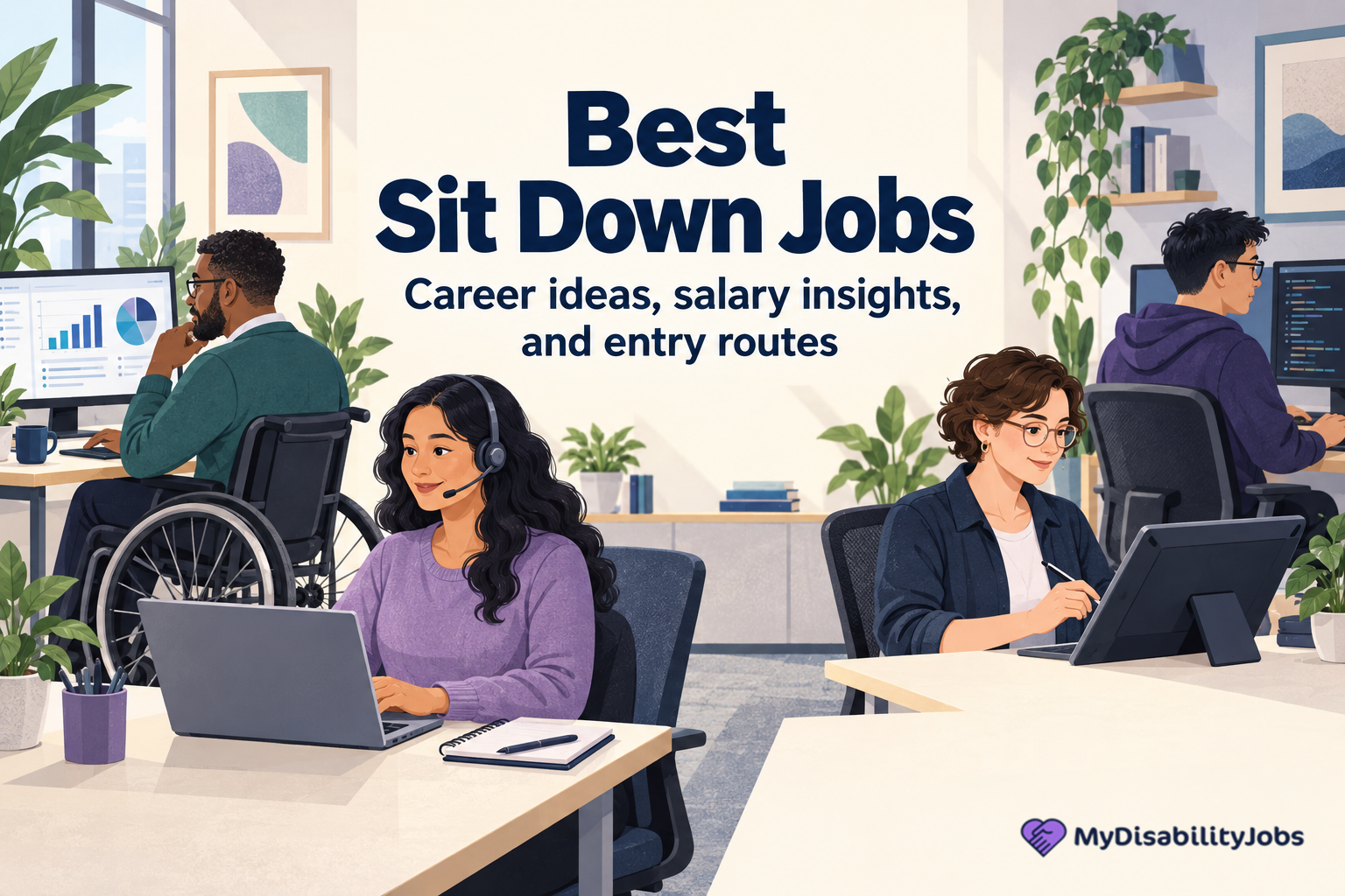 Disabled professionals working in different primarily seated careers