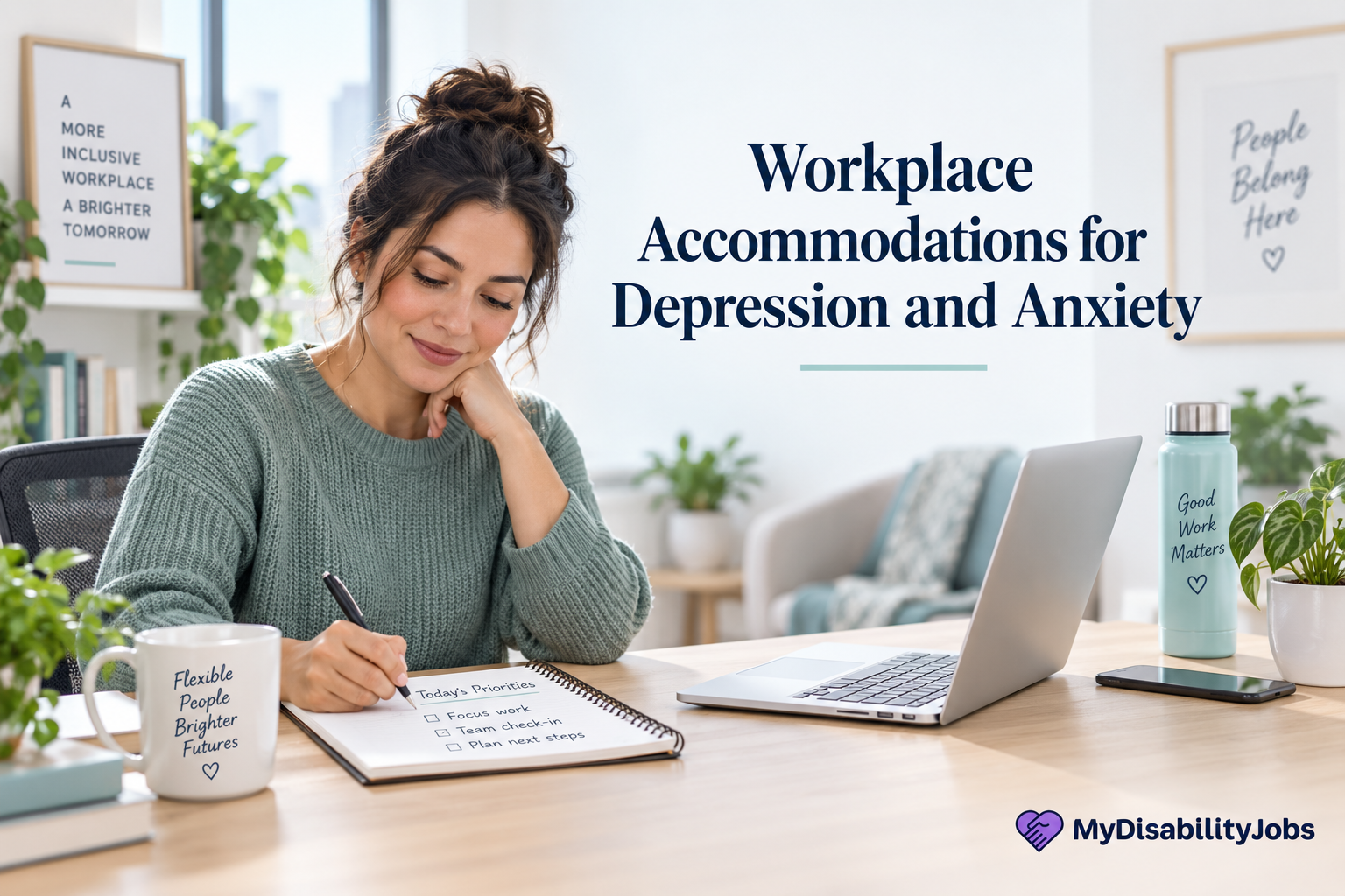 Employee at an organized, calm workspace beside the title Workplace Accommodations for Depression and Anxiety