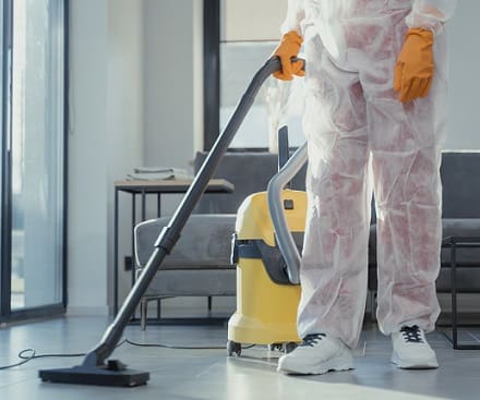 Person in a red pants and white shoes holding vacuum cleaner