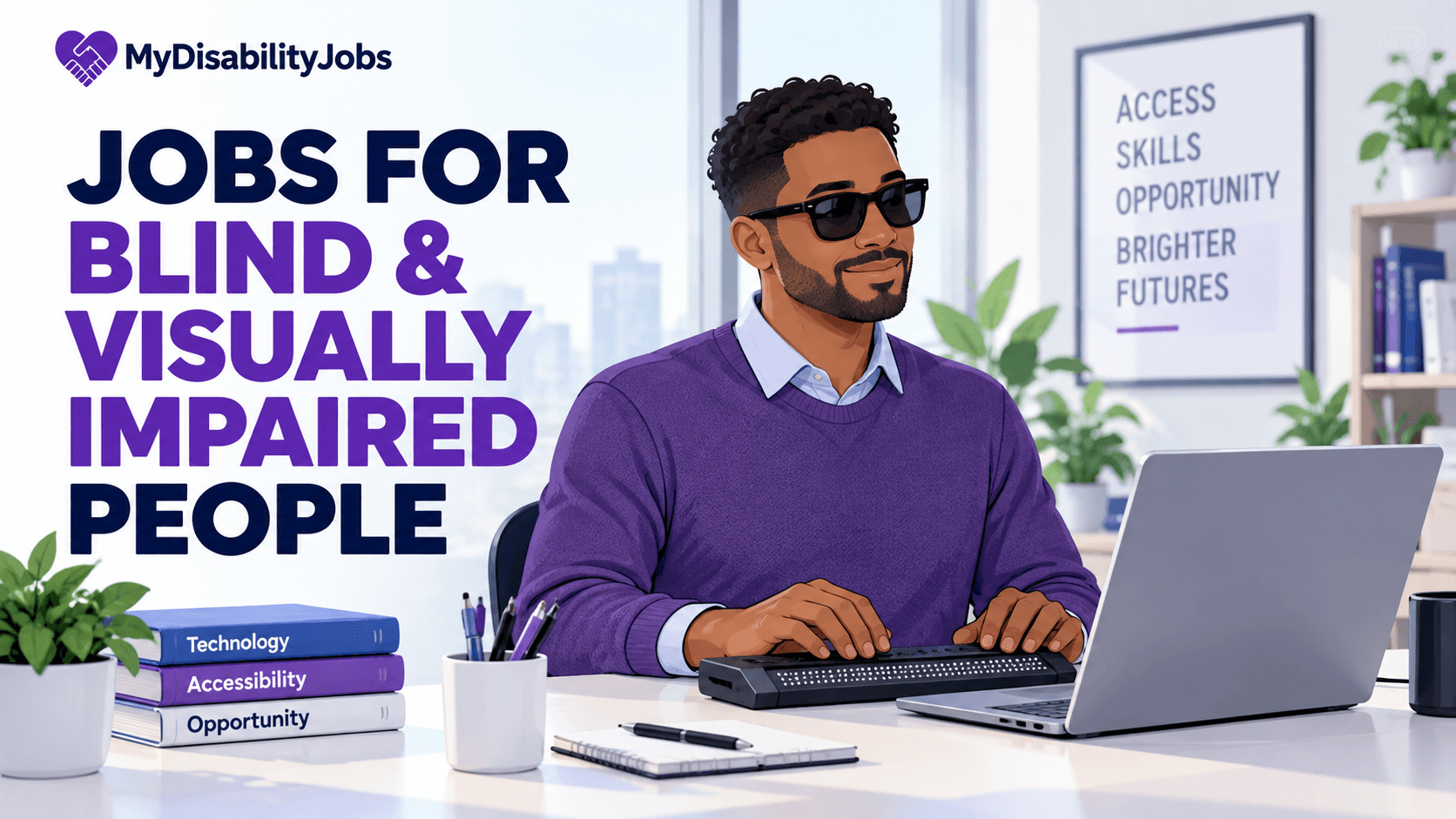 Blind and visually impaired professional using accessible technology at work