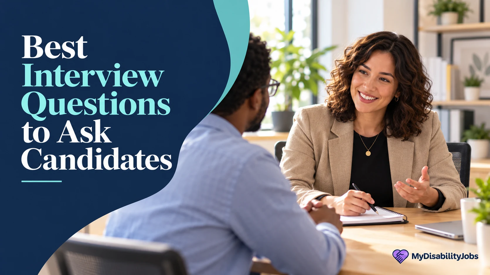 Hiring manager and candidate discussing interview questions in a professional office